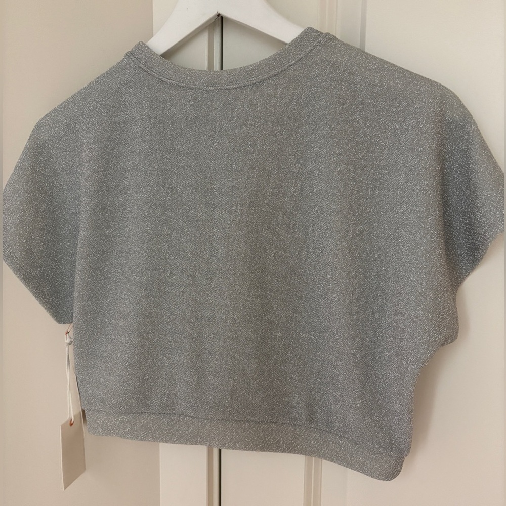 Good American Sparkle Crop Cover-Up Tee, Silver Short Sleeve Crewneck Size 4 - Picture 10 of 11